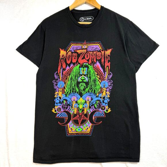 Global M Rob Zombie Graphic Band Tee Black Neon Psychedelic Horrorcore Alt Metal - Picture 1 of 5